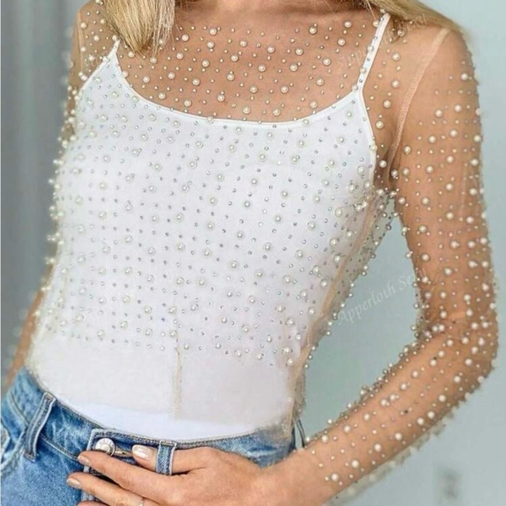 Elegant White Long Sleeve Embellished Bodysuit